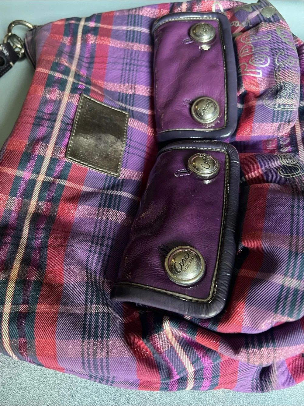 Coach Poppy Purple Pink Black Metallic Tartan Plaid Shoulder Crossbody Hobo Bag
